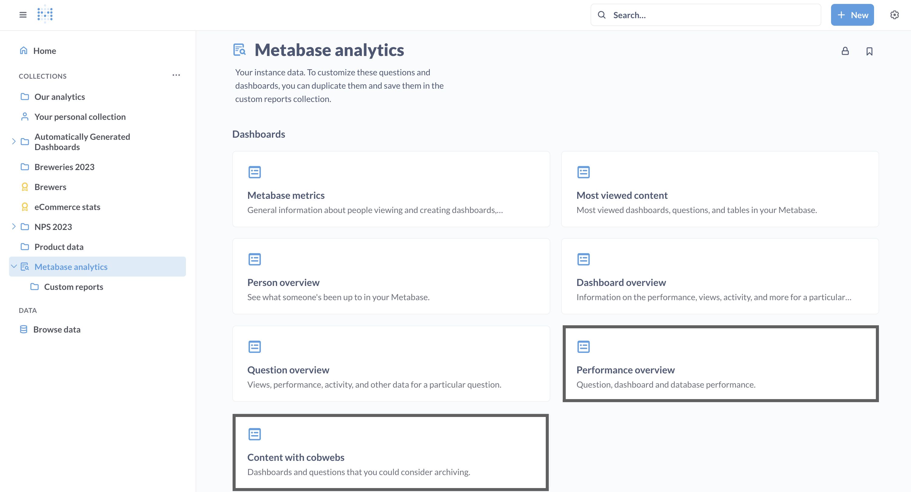 The Metabase Analytics collection dashboards available in Metabase