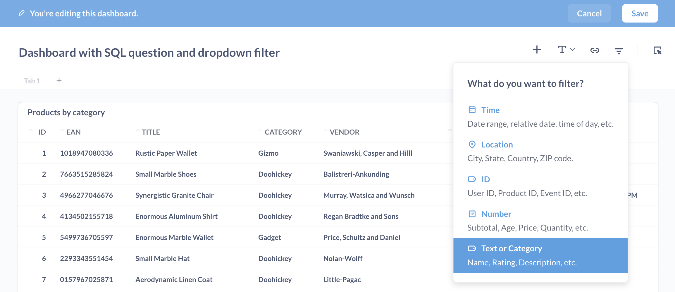 Adding a text or category filter widget to a dashboard.