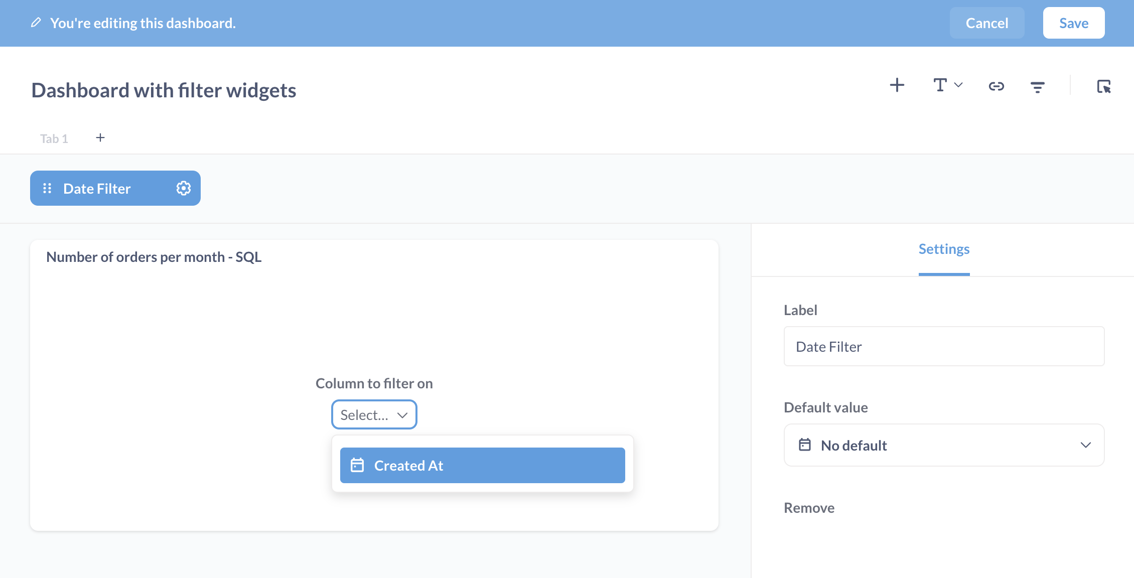 Adding a Date filter (Time → All options) to a dashboard, and connecting the filter widget to the Field Filter variable, Created at in our SQL question.