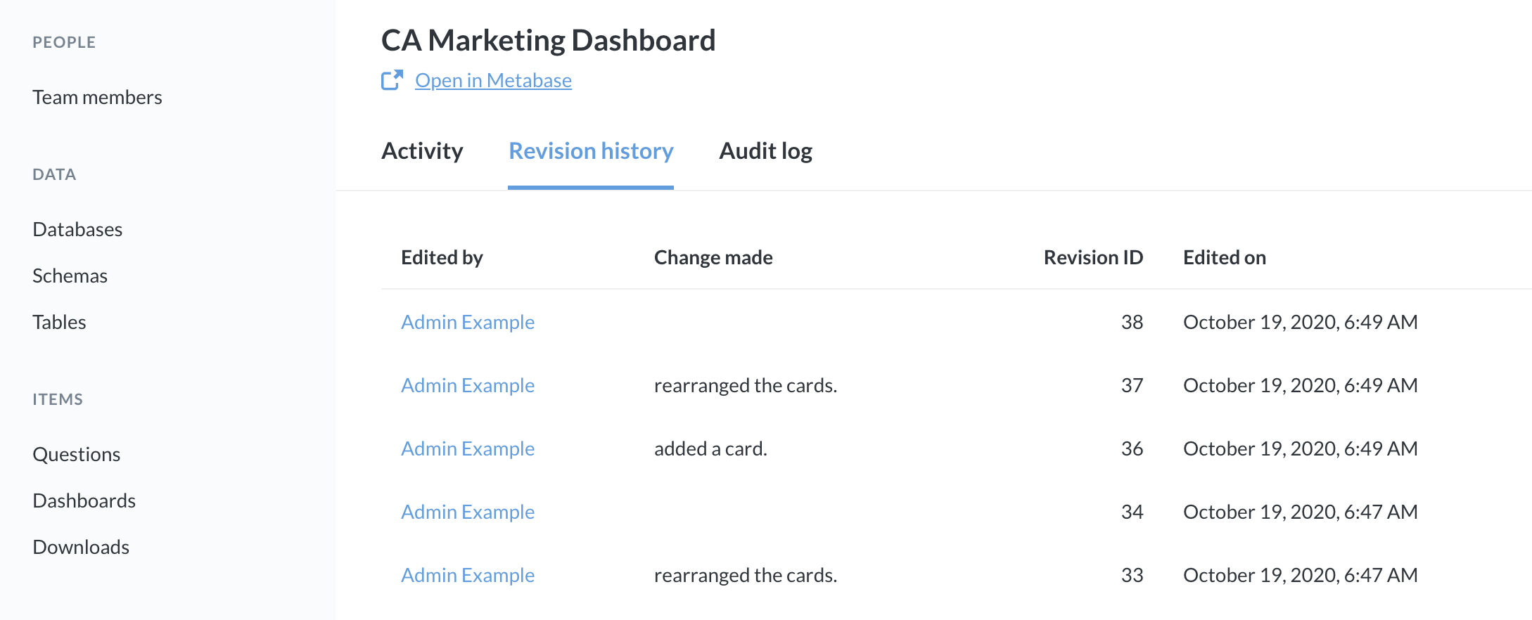 The Revision History tab for the CA Marketing Dashboard.