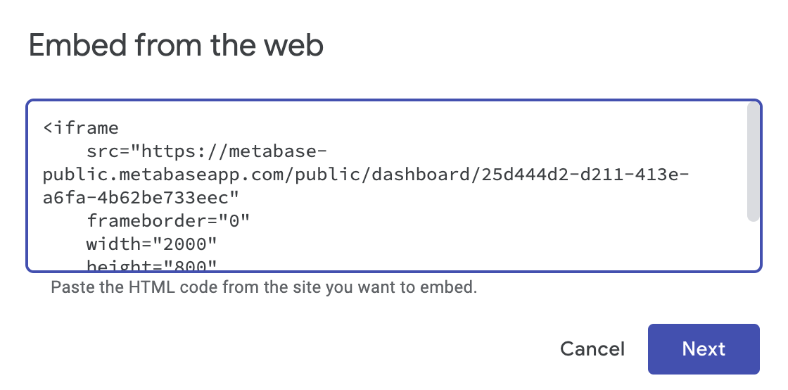 Adding the Metabase iframe snippet to an embed element on our Google Site.
