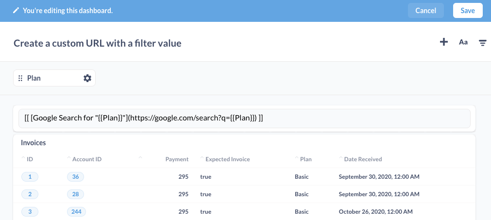 A custom URL that accepts a filter value.