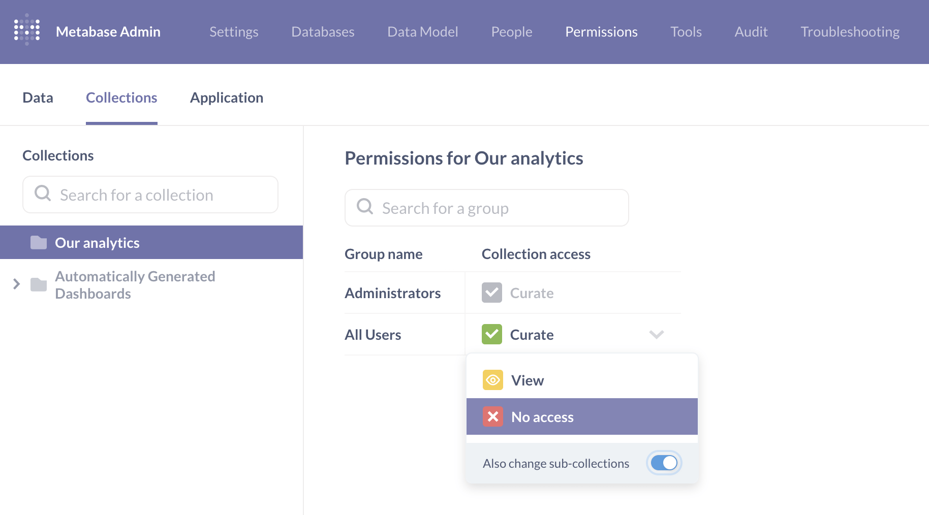 Revoking All Users access to the Our analytics collection and its sub-collections.