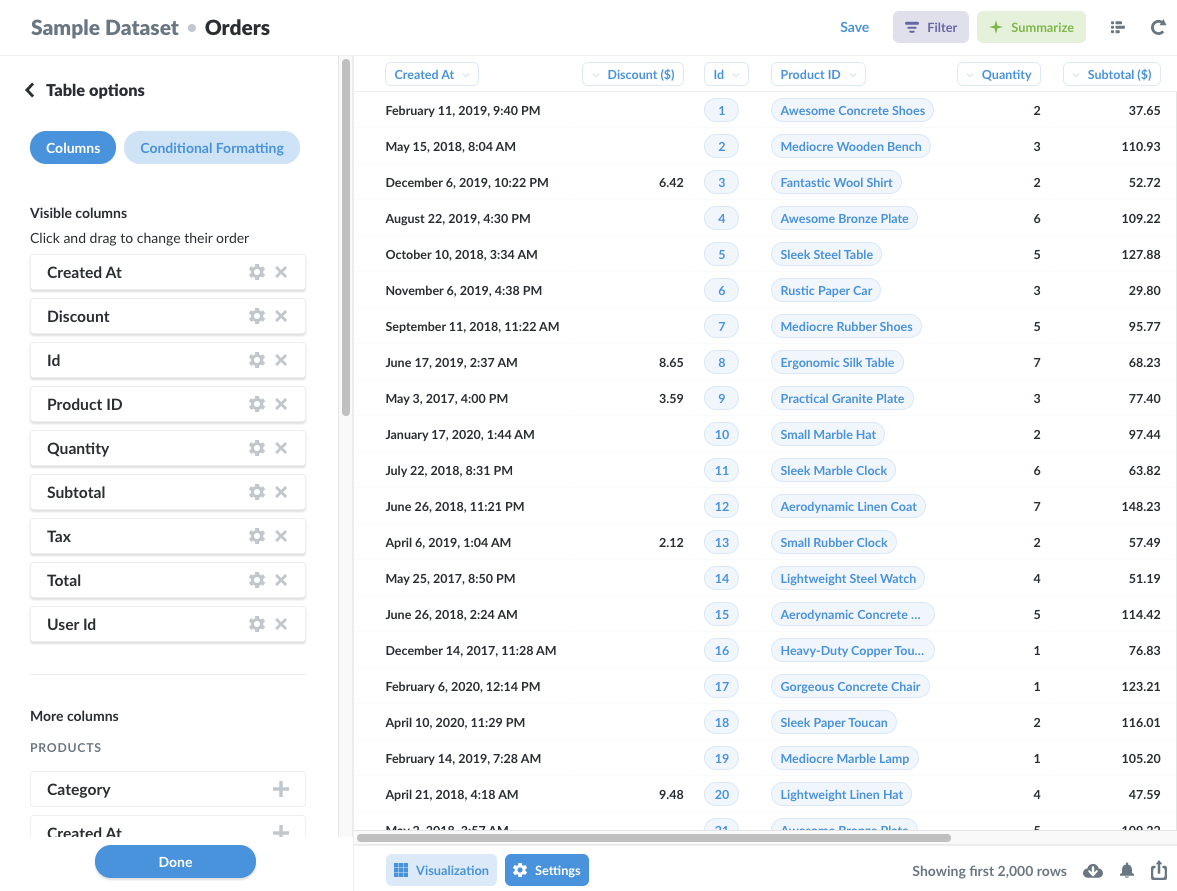 Orders table with the Settings sidebar open to the Table options section. You can add, remove, and edit columns, including More columns from tables that Metabase can automatically join to the Orders table.