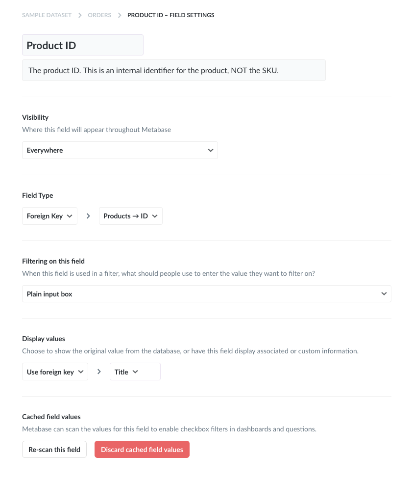 The field settings for the PRODUCT_ID field in the Orders table. Admins can use the Display values setting to display a human-readable title instead of an ID.