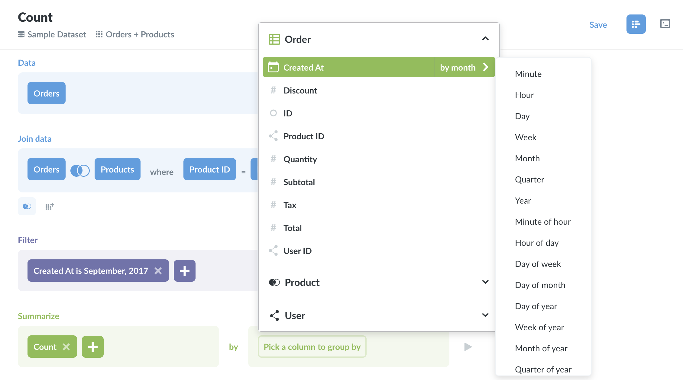 The query builder in Metabase allows people to explore their data and create new questions. They can join data, filter it, summarize it, sort it, use custom expressions, and more.