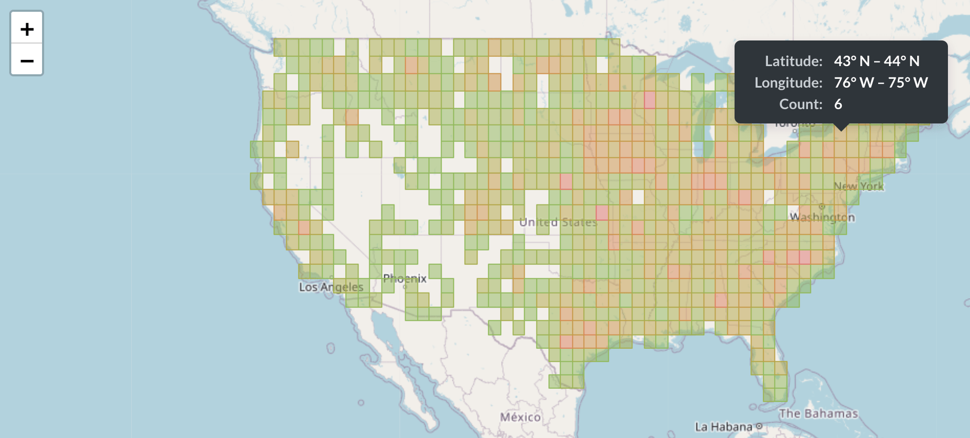 Map of USA exemplifying a grid map with a bin size of 1 degree. The red areas indicate a greater concentration of data points.