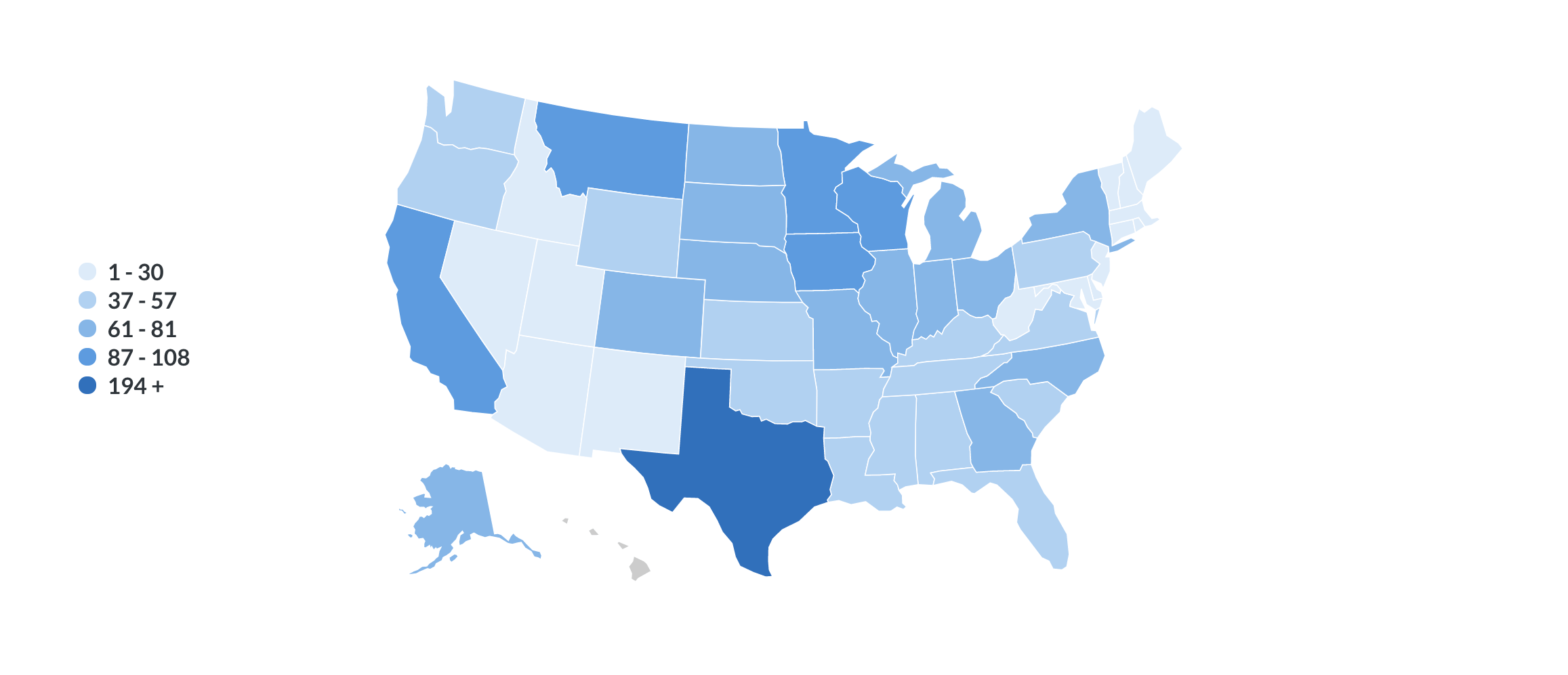 An example of a regional USA map with data from the People table.