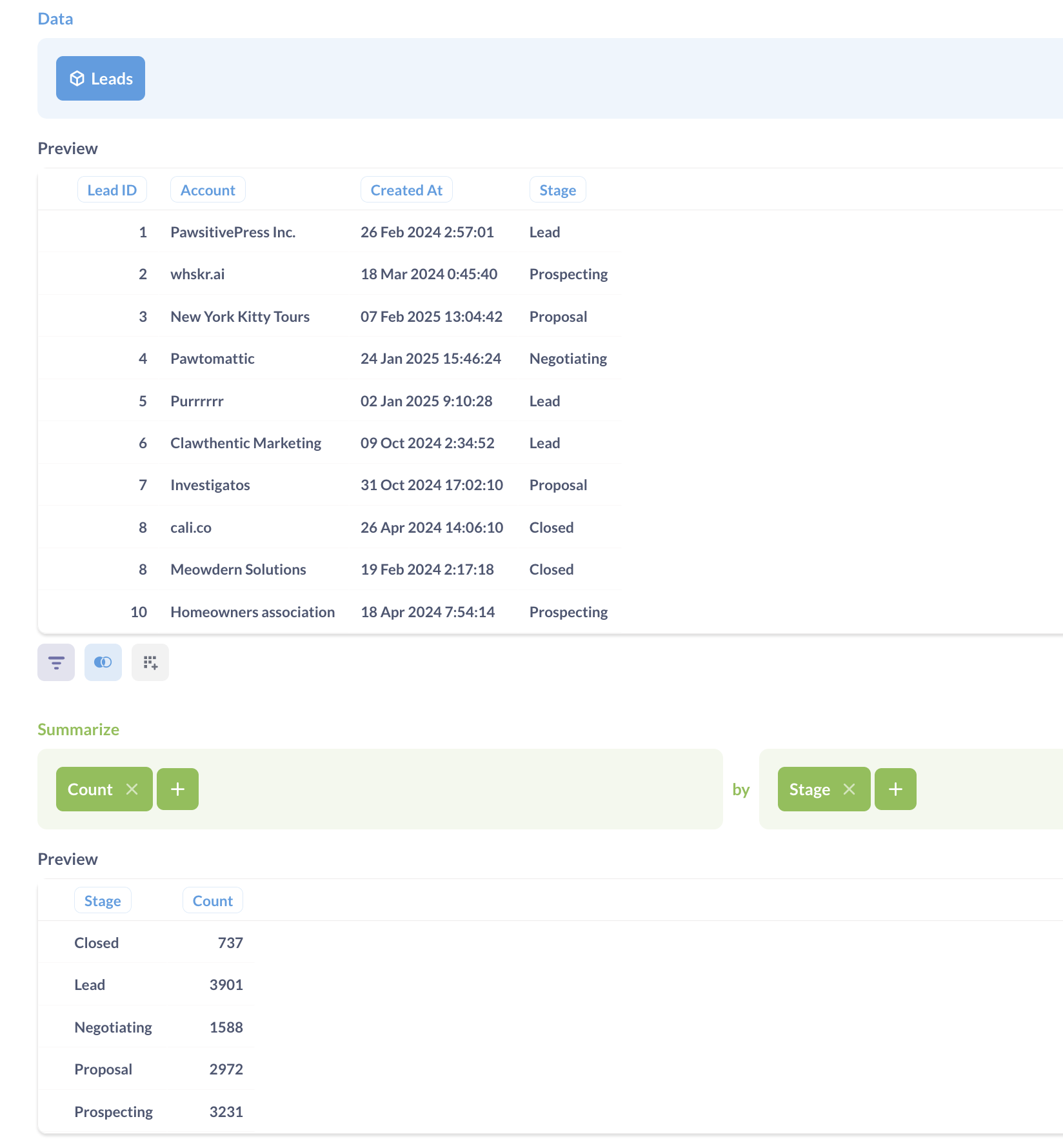 A query in the query builder used to build a funnel chart