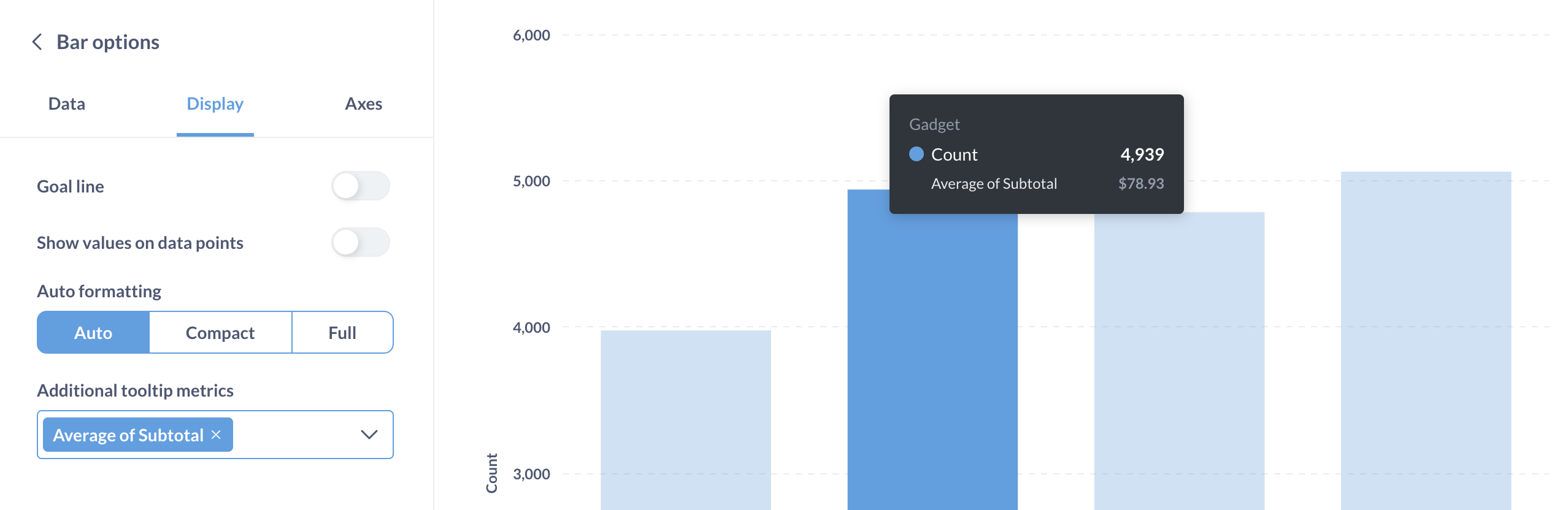 Add additional tooltip metrics from the display tab. Only available when your chart has multiple multiple metrics