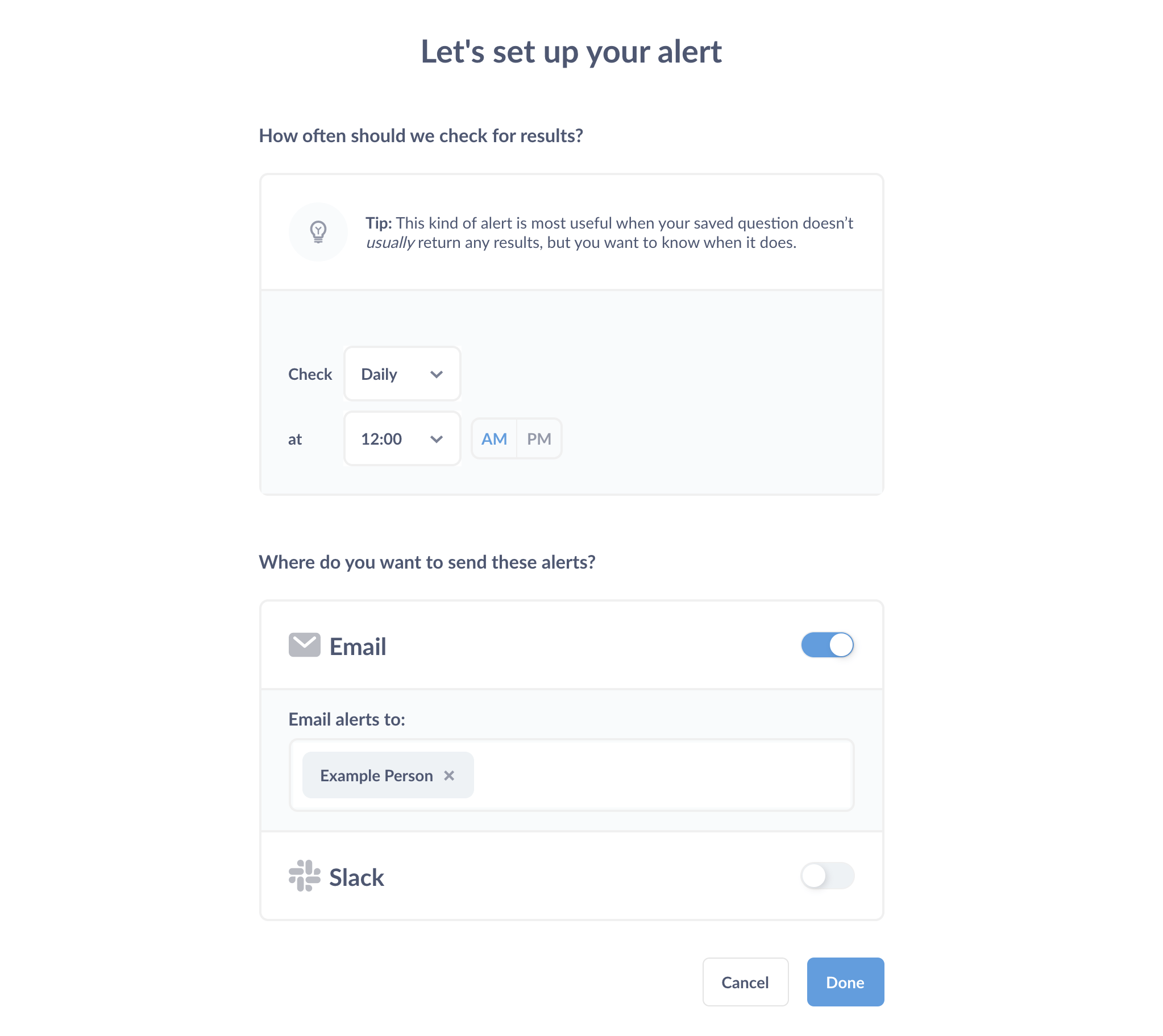 Options for setting up an alert: what time to check for results and whether to send the alerts to Slack or email.