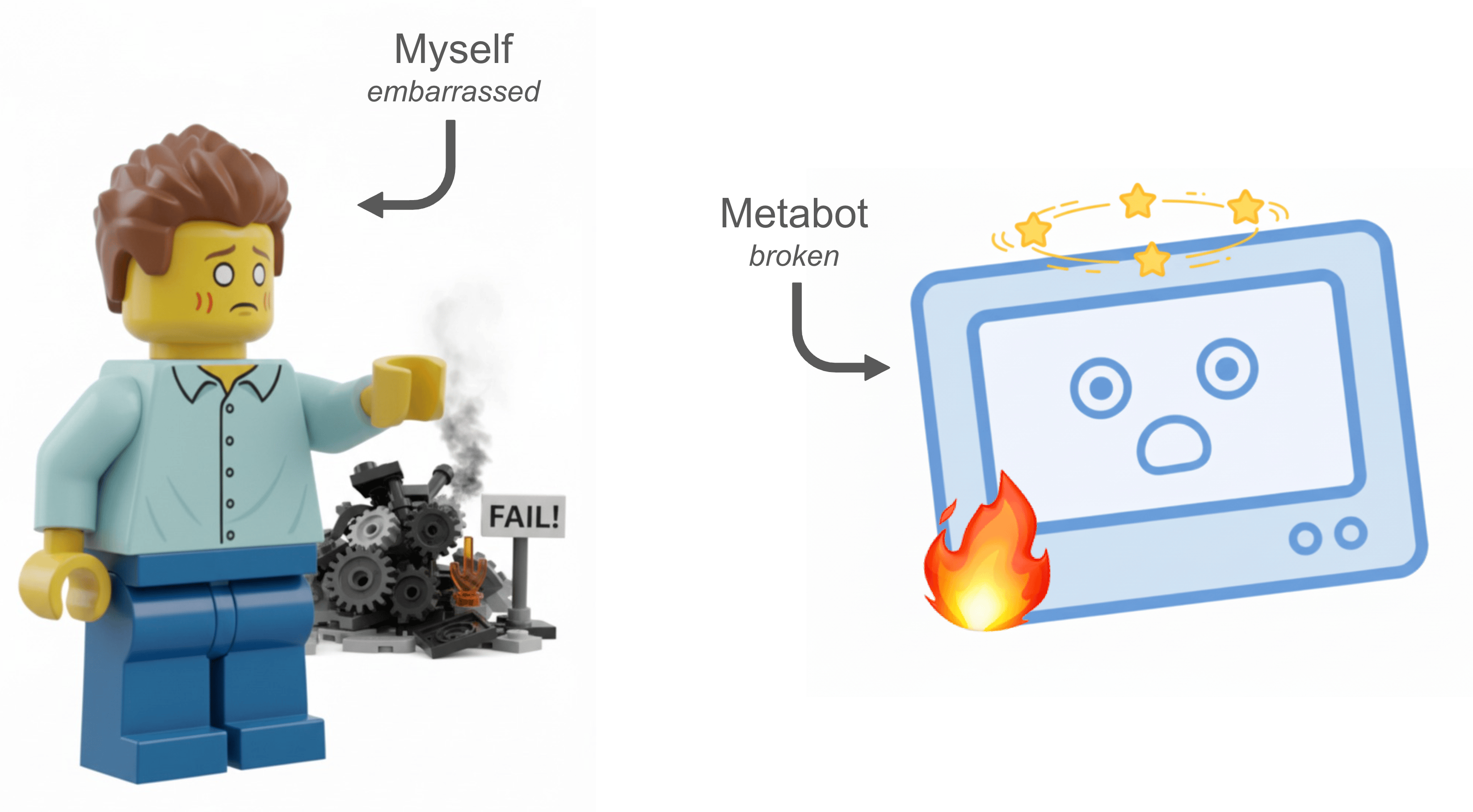 A broken Metabot on fire, and an embarrassed engineer