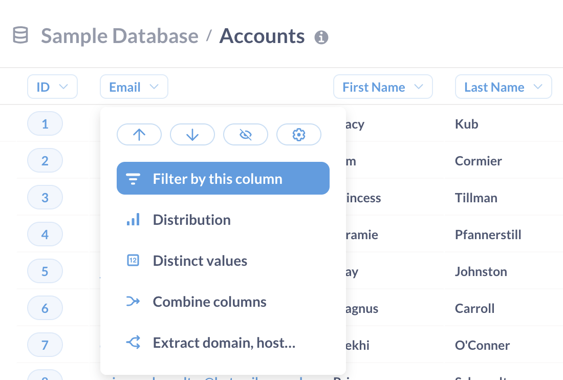 Table column with a filter