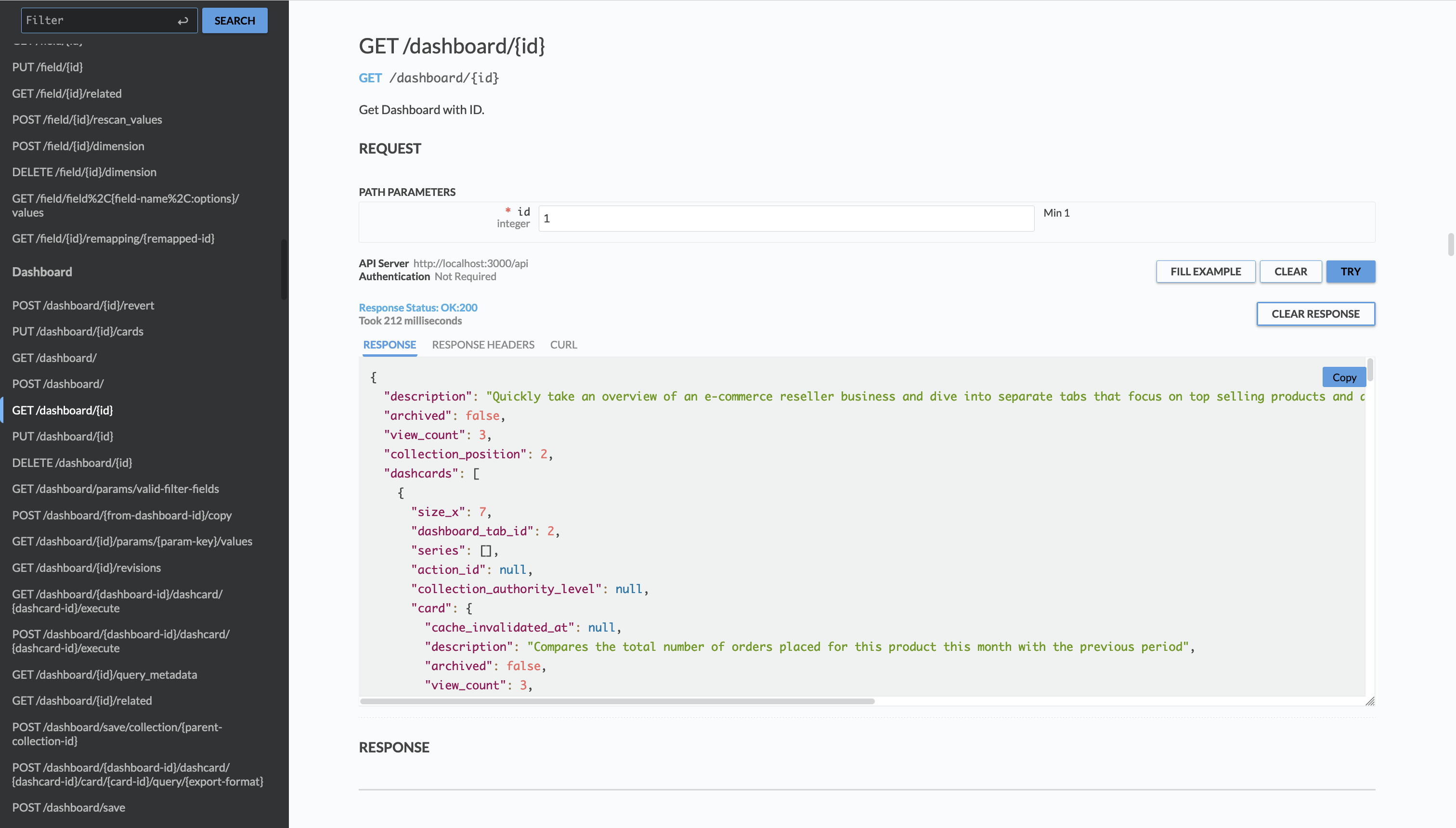 Example of an API response in live docs